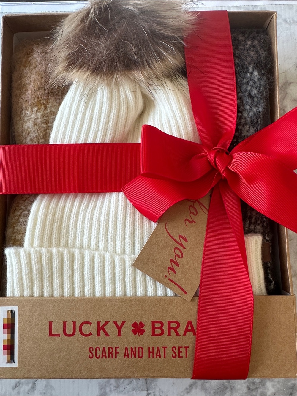 Lucky Brand earth color scarf and beige hat witness Pom Pom gift set NWT
